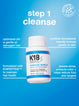 K18 Damage Shield shampoo bottle with product features on a blue background